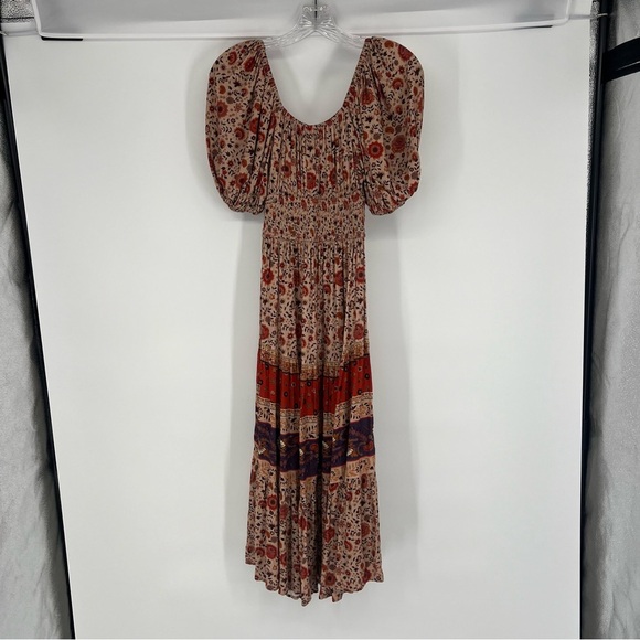 Spell & the Gypsy Lady Untamed Brown Floral Corset Front Puff Sleeve Midi Dress - Picture 9 of 9